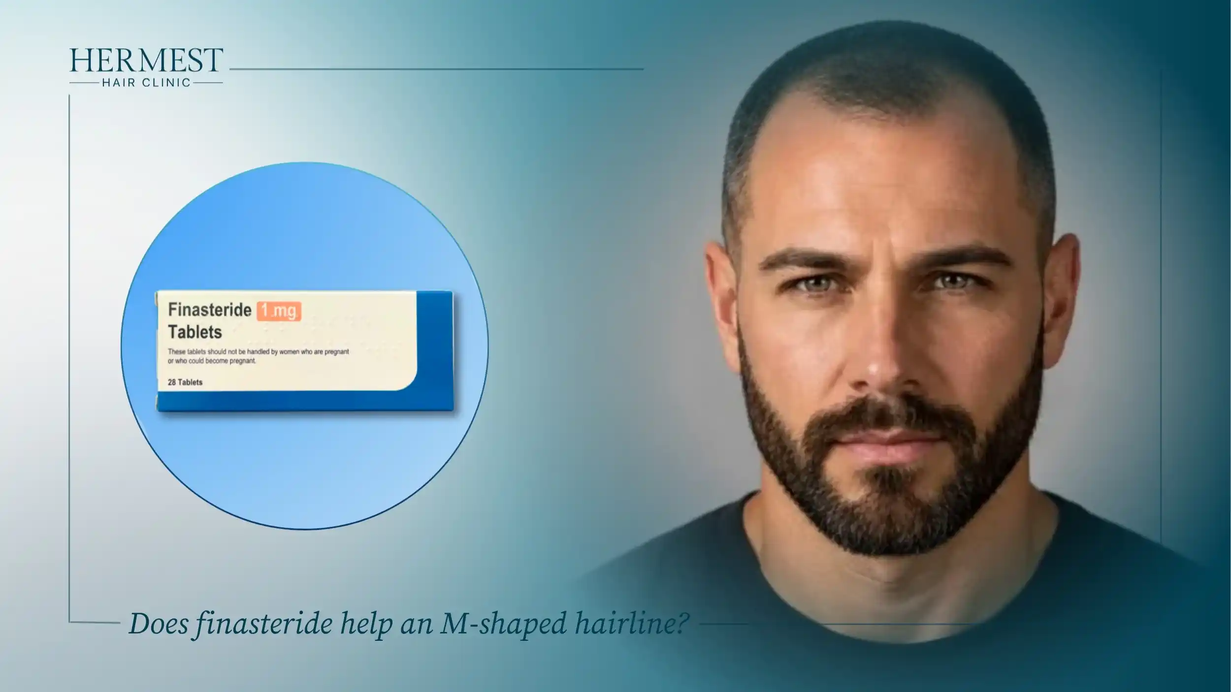 Finasteride 1 mg tablet box next to a bearded man with short hair, about finasteride for an M-shaped hairline