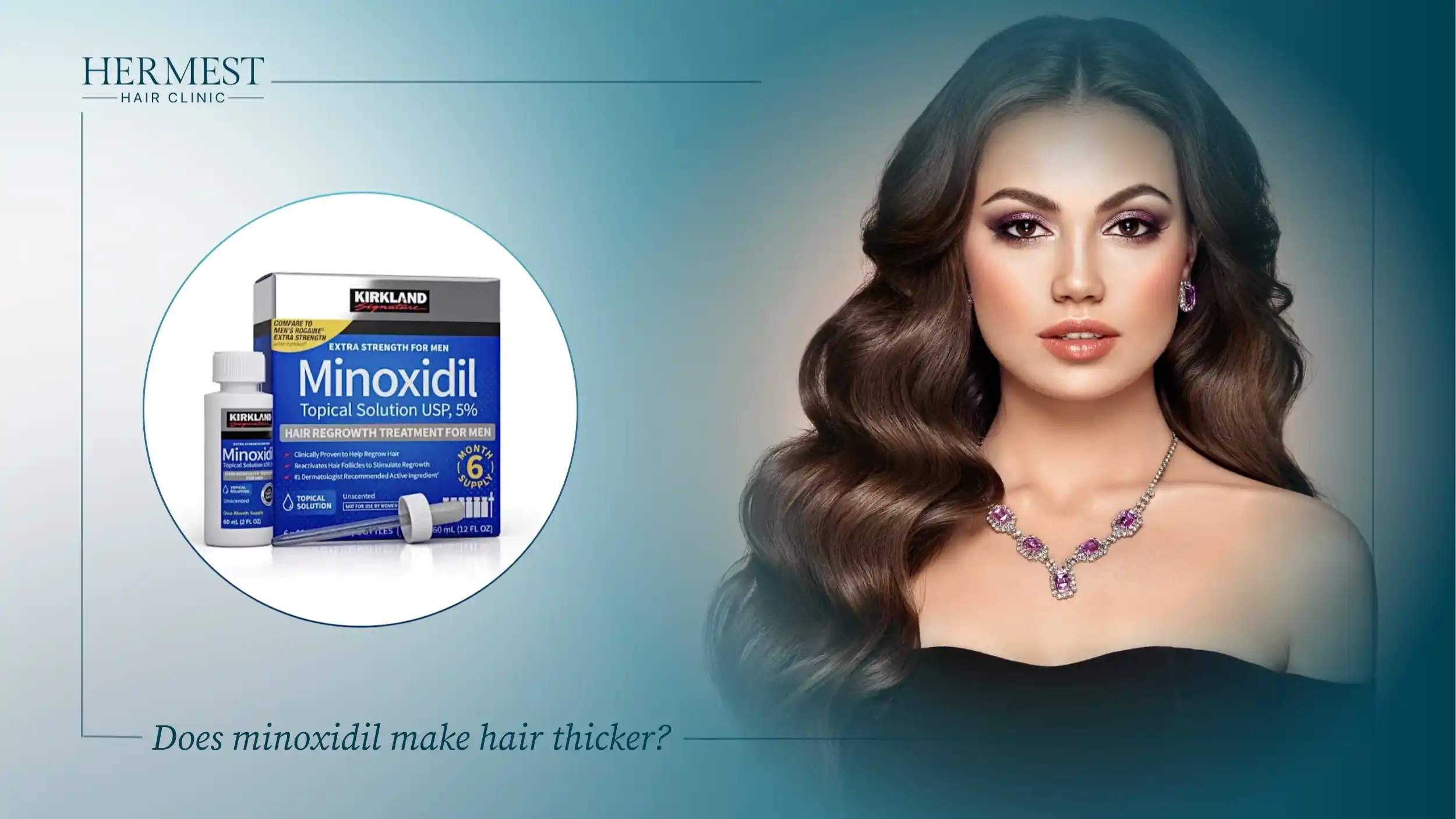 Box and bottle of 5% minoxidil topical solution next to a woman with thick wavy hair