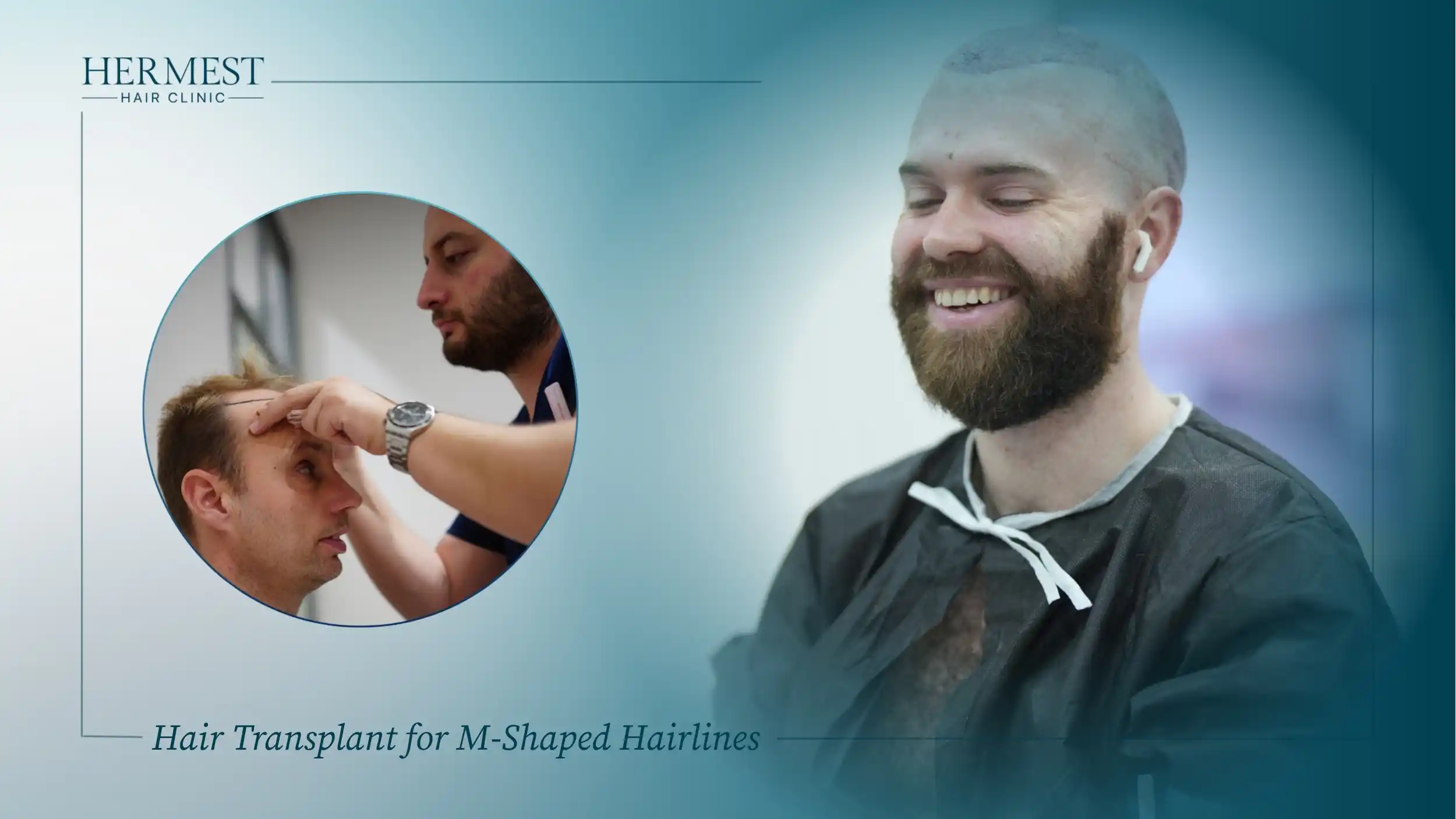 Doctor marking a patient's new hairline and a smiling patient in a gown before a hair transplant for M-shaped hairline