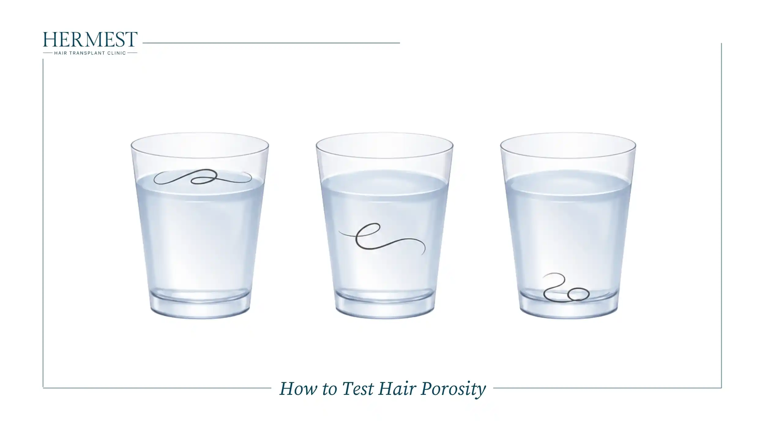 Three glasses of water with hair strands floating, midway and sinking, showing the float test for hair porosity