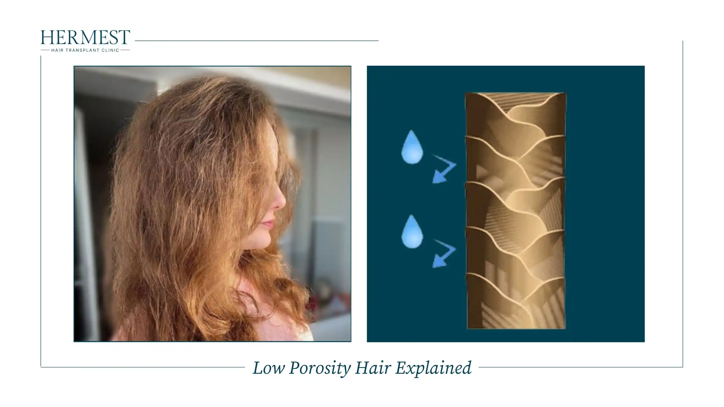 Woman with wavy hair and a diagram of tightly closed cuticles that repel water in low porosity hair