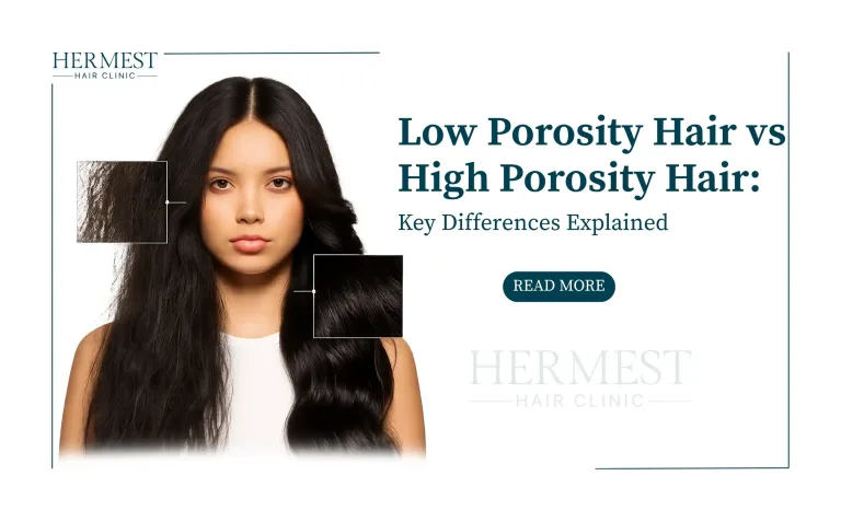 Woman with long dark hair and close-ups of hair strands, cover for low vs high porosity hair differences guide