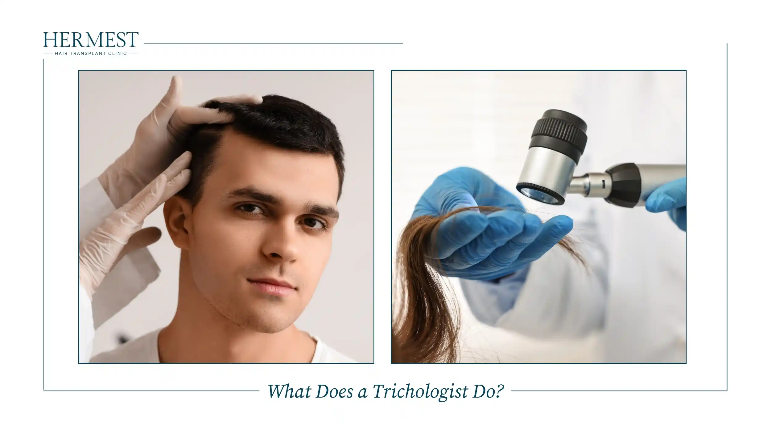 Trichologist examining a man's hair and inspecting hair strands with a dermatoscope during a hair analysis