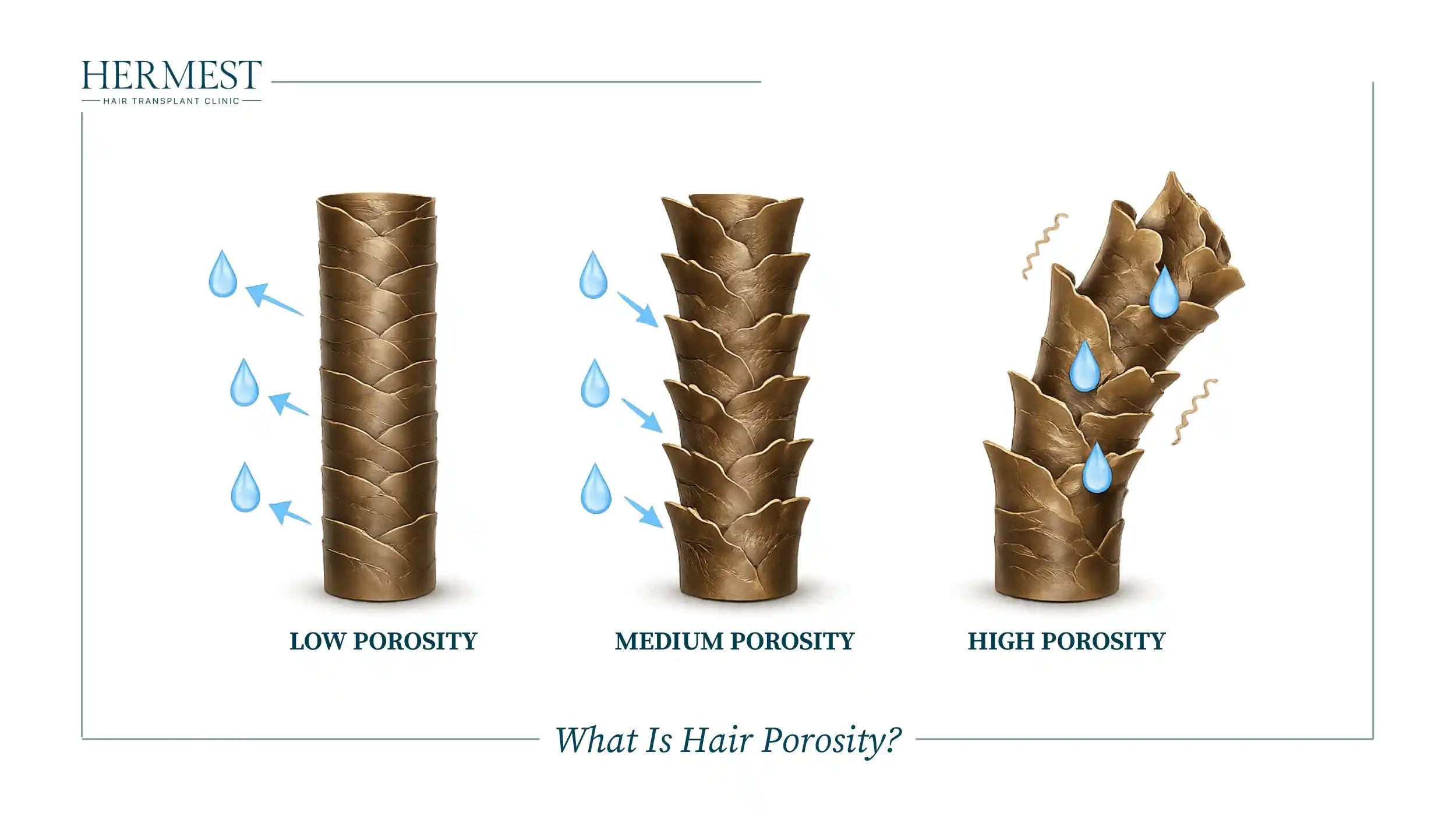 Hair cuticle illustration comparing low, medium and high porosity and how each strand absorbs water