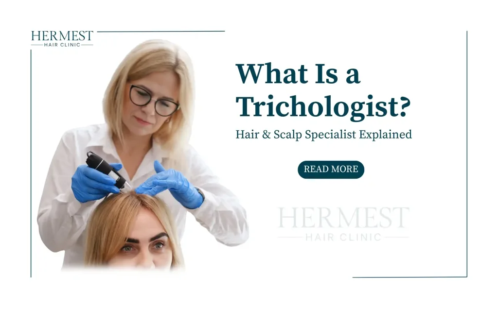 Trichologist examining a woman's scalp with a dermatoscope, cover for What Is a Trichologist? guide