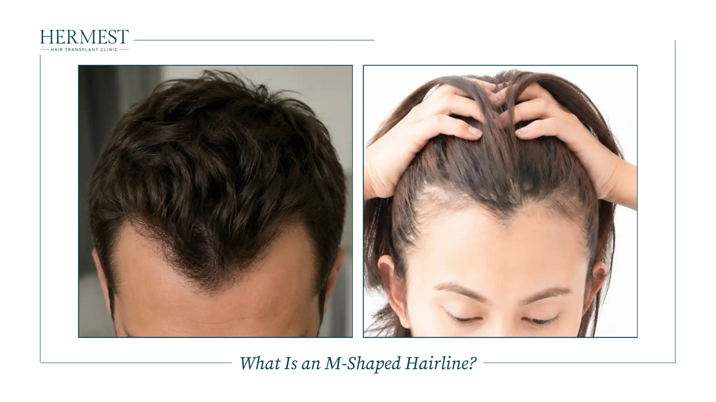 M-shaped hairline with receding temples shown on a man and a woman