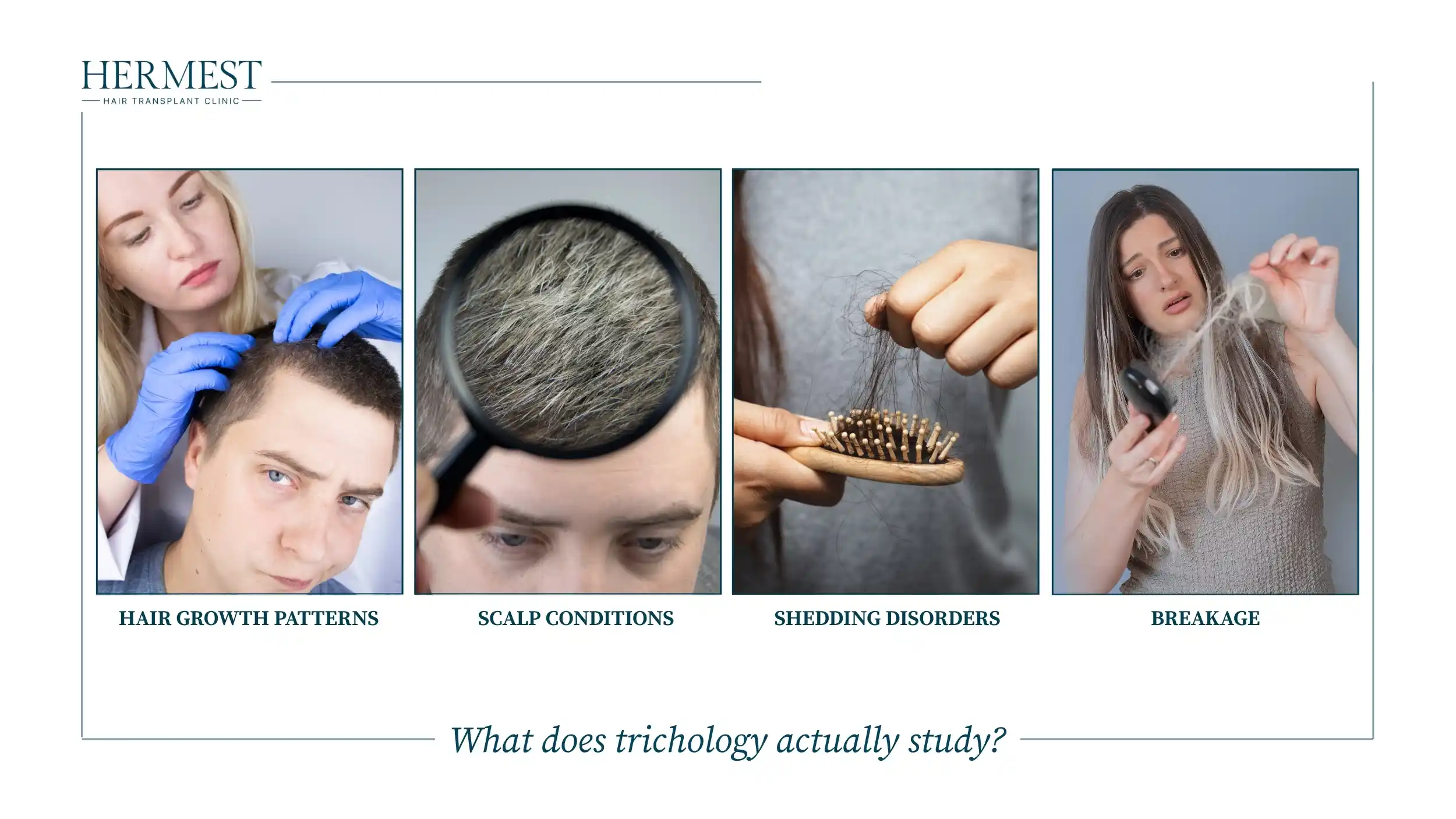Four panels showing what trichology studies: hair growth patterns, scalp conditions, shedding disorders and breakage
