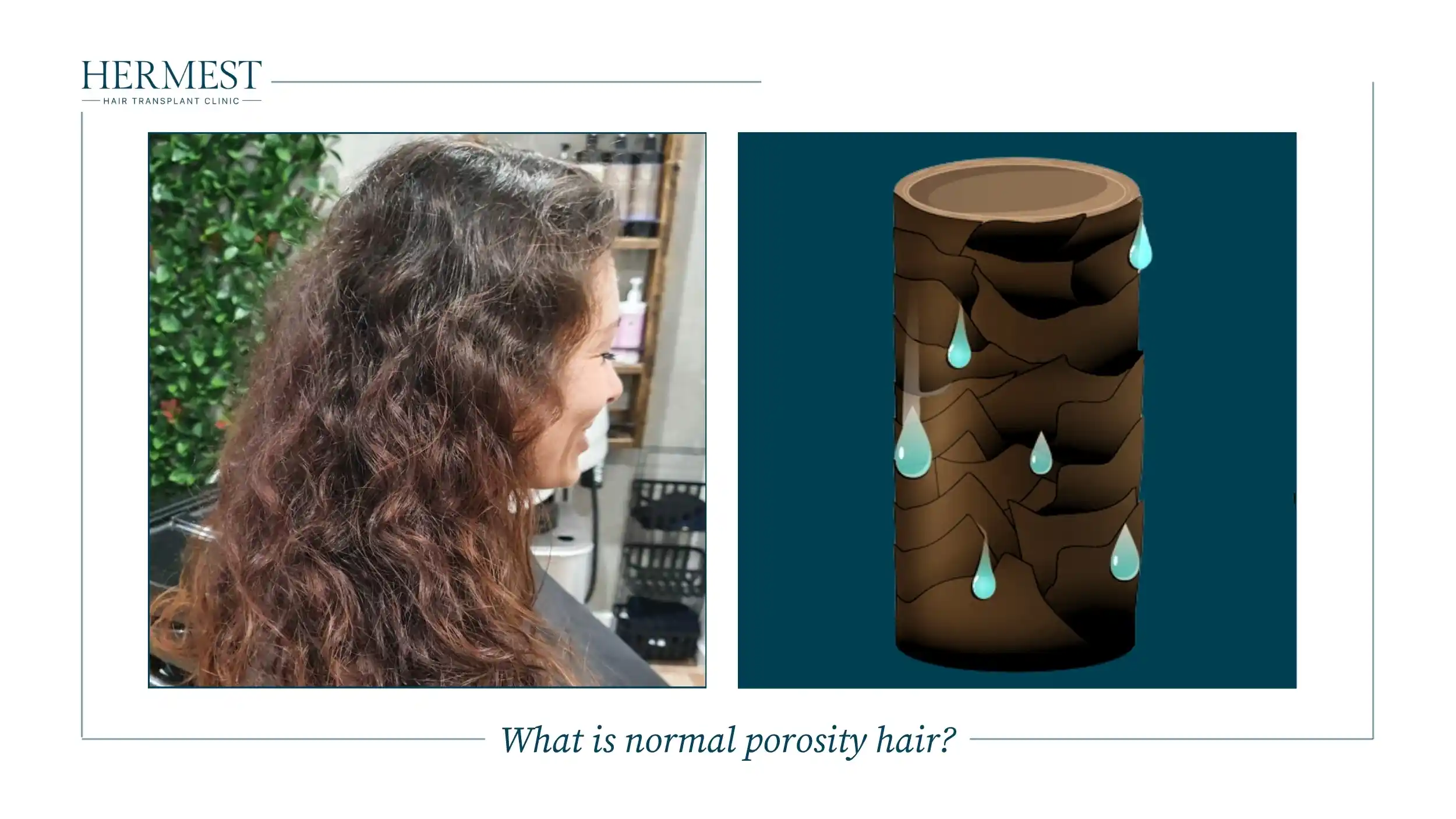 Woman with healthy wavy hair beside an illustration of a normal porosity strand holding moisture