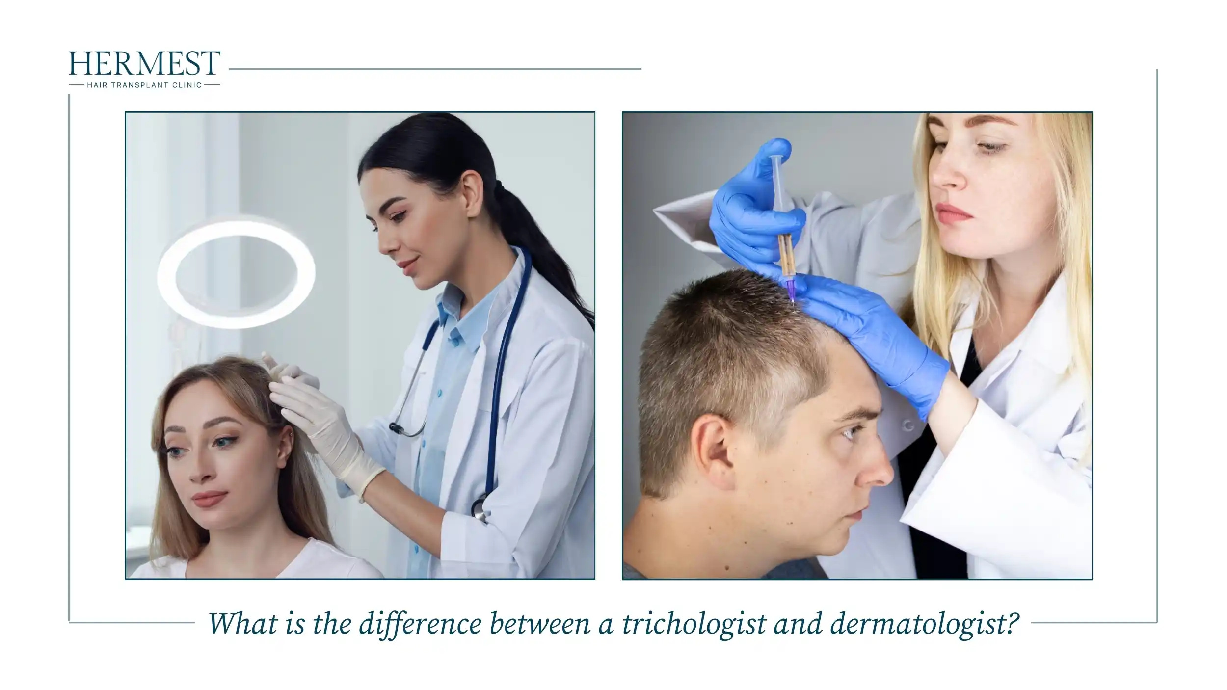 Specialists examining a woman's and a man's scalp, comparing trichologist and dermatologist roles in hair care