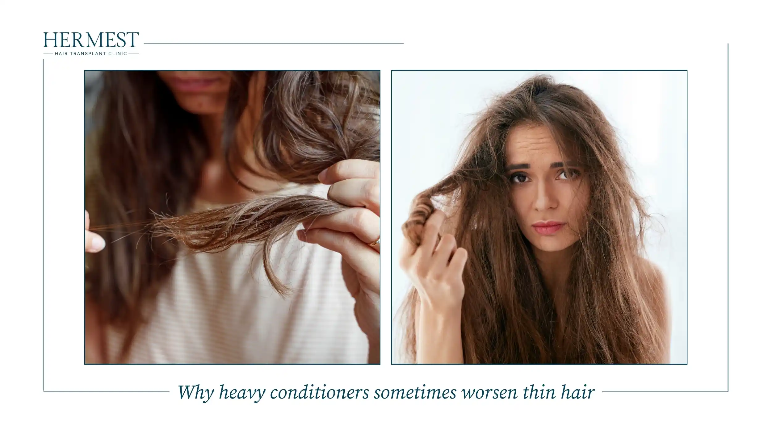Women with limp, dry and frizzy thin hair, showing how heavy conditioners can weigh fine hair down