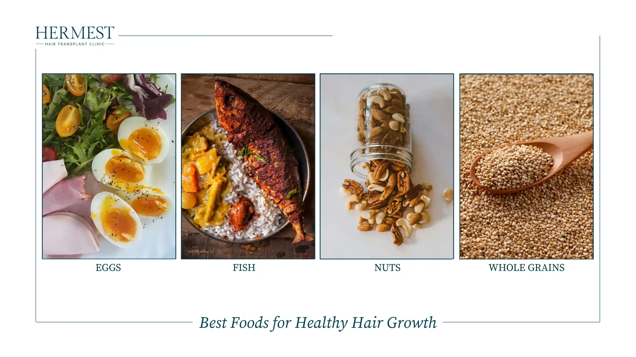 Foods for healthy hair growth: eggs, fish, nuts and whole grains