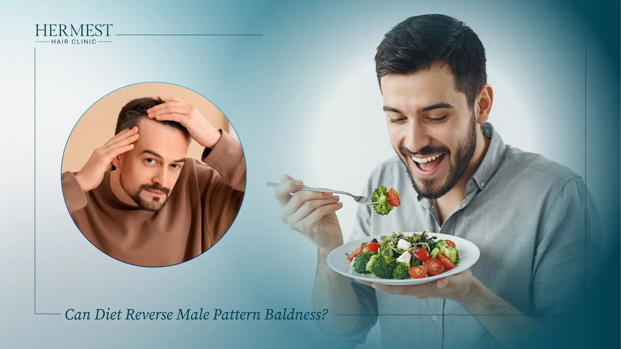 Man eating a salad of broccoli and tomatoes, beside an inset of a man checking his receding hairline