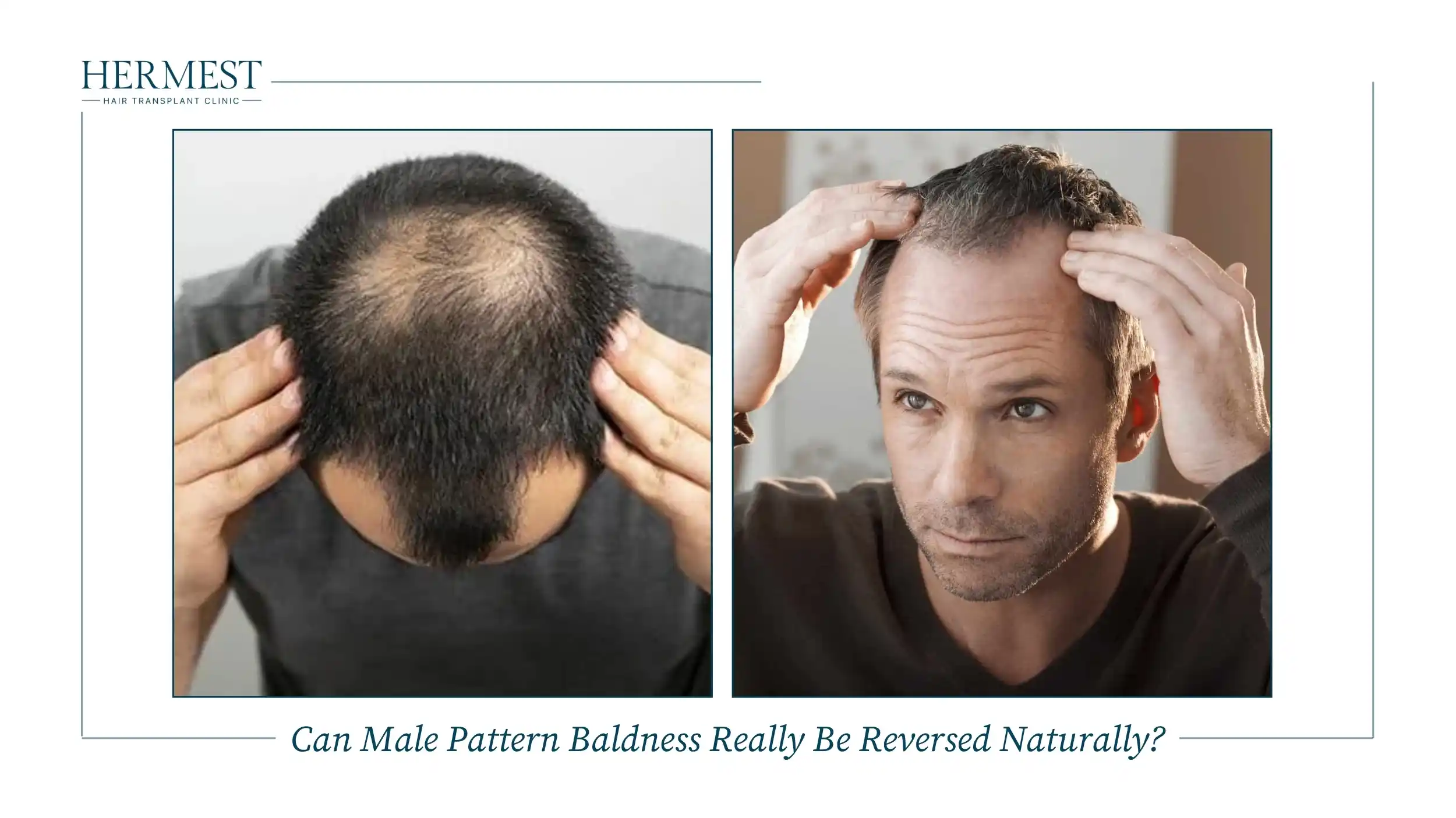Two men checking their hair loss: one with a thinning crown seen from above, the other with a receding hairline