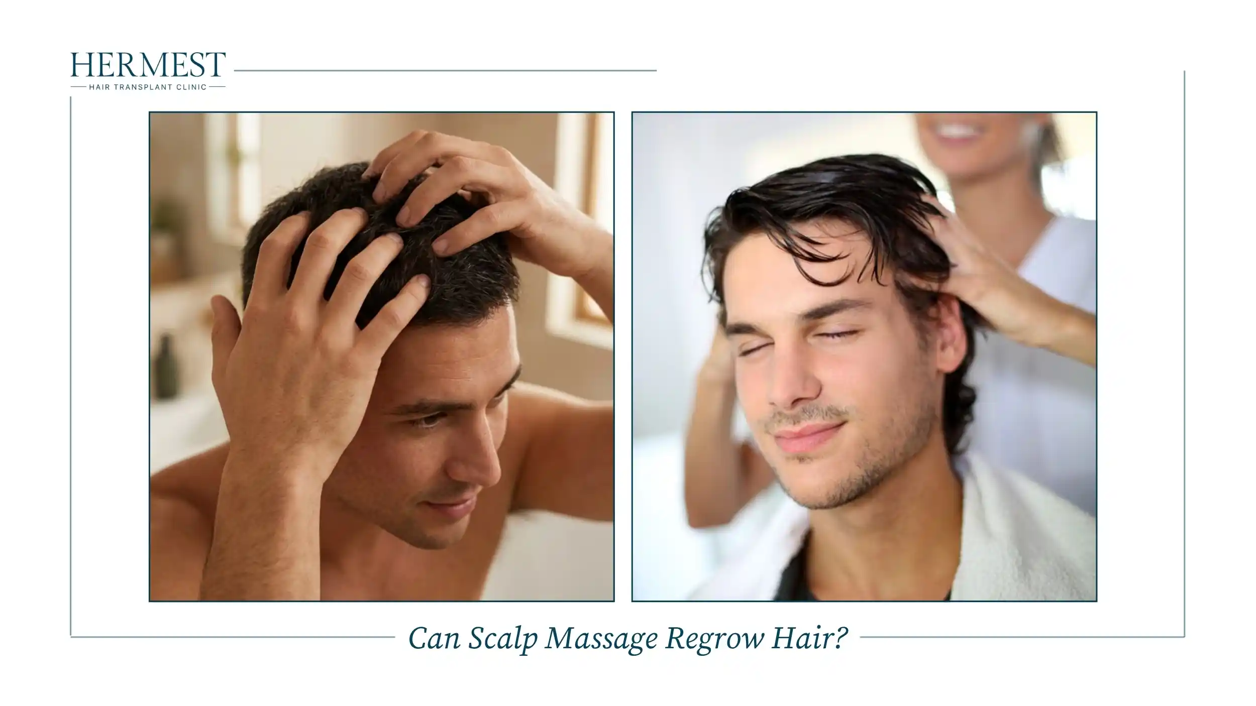 Scalp massage: a man massaging his own scalp with his fingertips, and a man receiving a scalp massage from a therapist