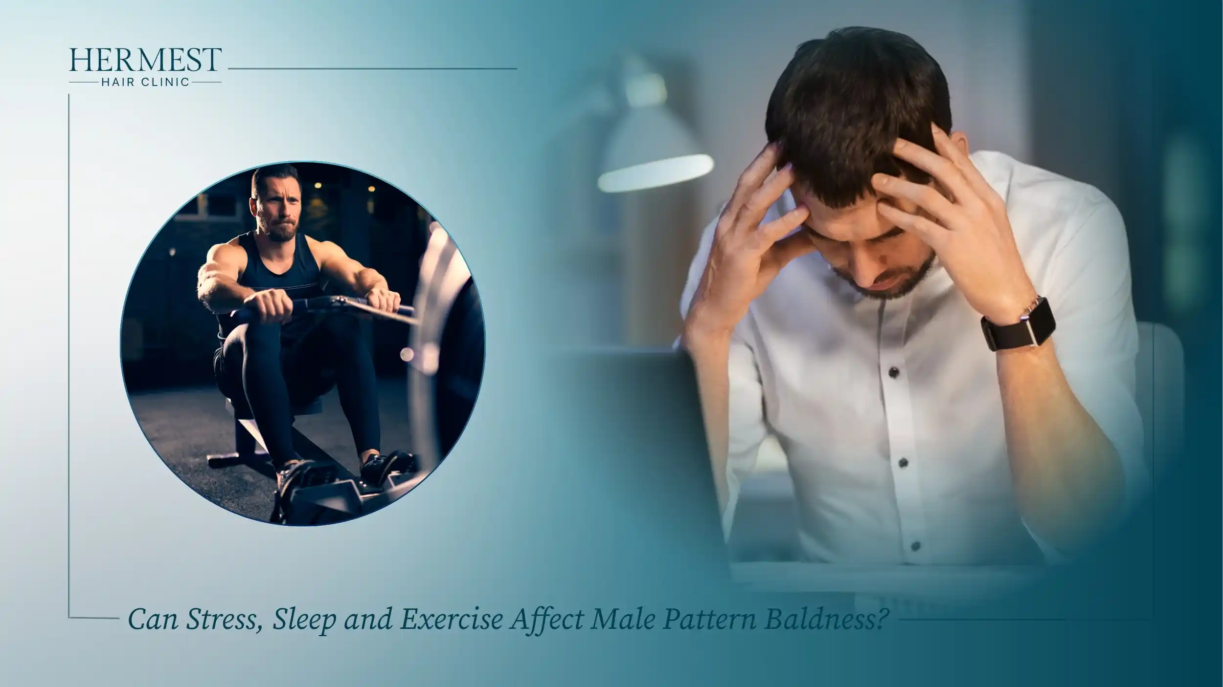 Stressed man at his desk at night holding his head, beside an inset of a man exercising on a rowing machine