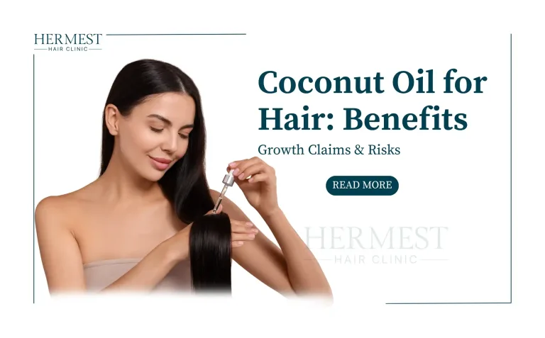 Woman with long dark hair applying oil with a dropper, cover for the article on coconut oil for hair