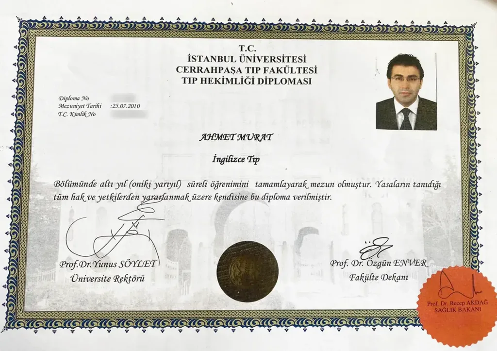 Medical doctor diploma of Dr. Ahmet Murat from Istanbul University Cerrahpaşa Faculty of Medicine, dated 25 July 2010