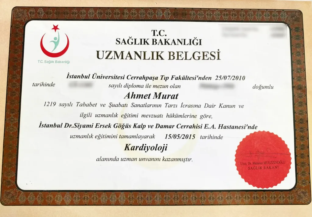 Cardiology specialist certificate of Dr. Ahmet Murat issued by the Turkish Ministry of Health in 2015
