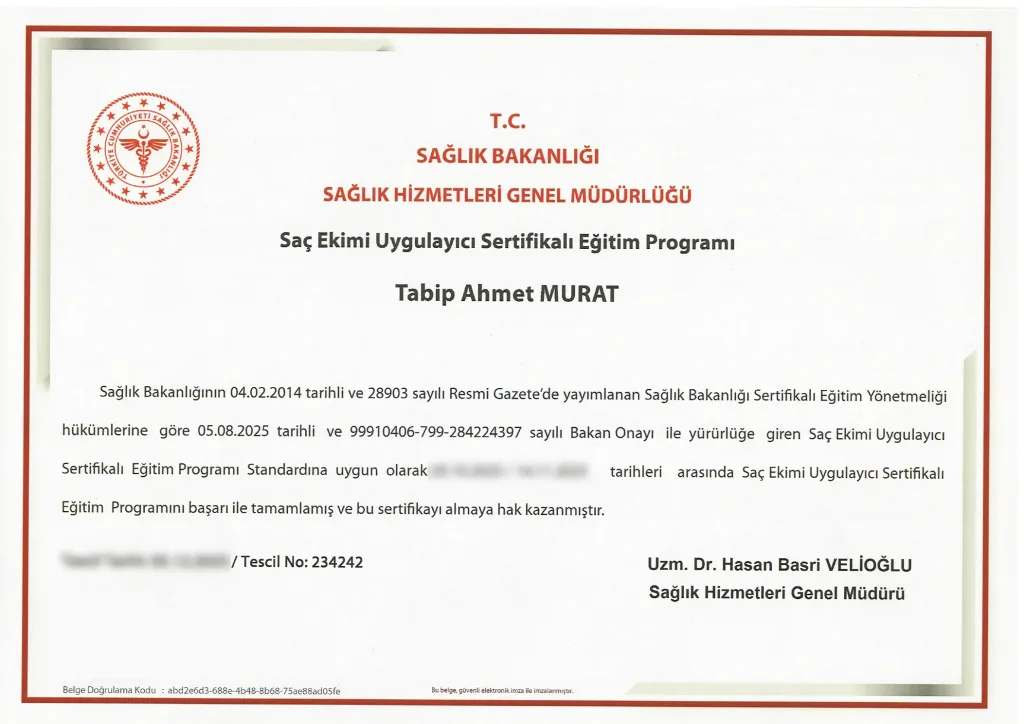 Turkish Ministry of Health hair transplant practitioner certificate of Dr. Ahmet Murat, registration number 234242
