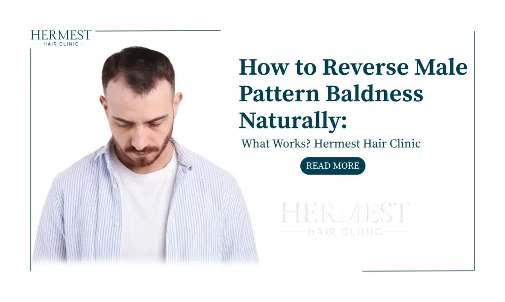 Man with a receding hairline and thinning temples looking down