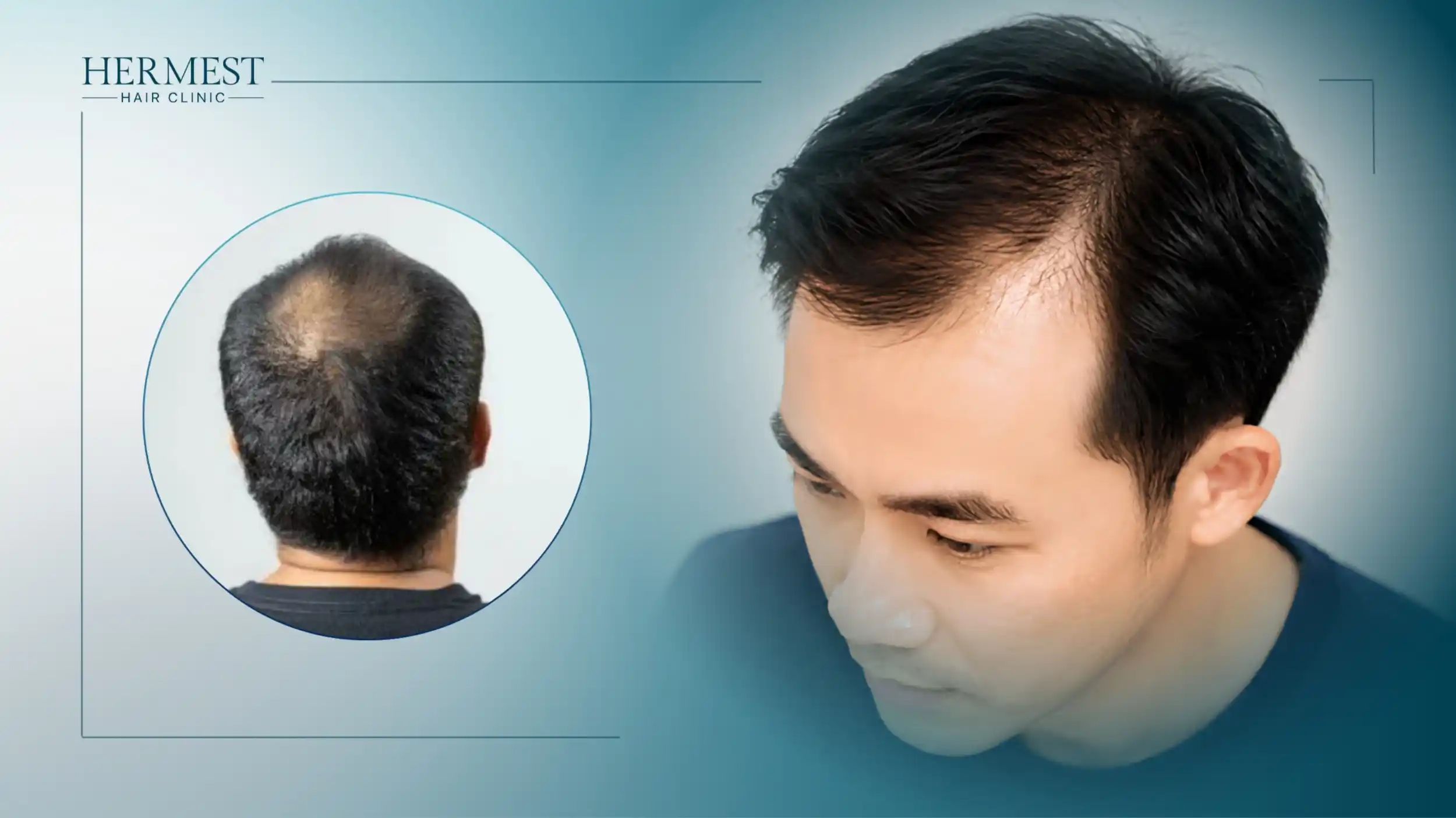 Top-down view of a man with a receding hairline at the temples, with an inset of a thinning crown seen from behind