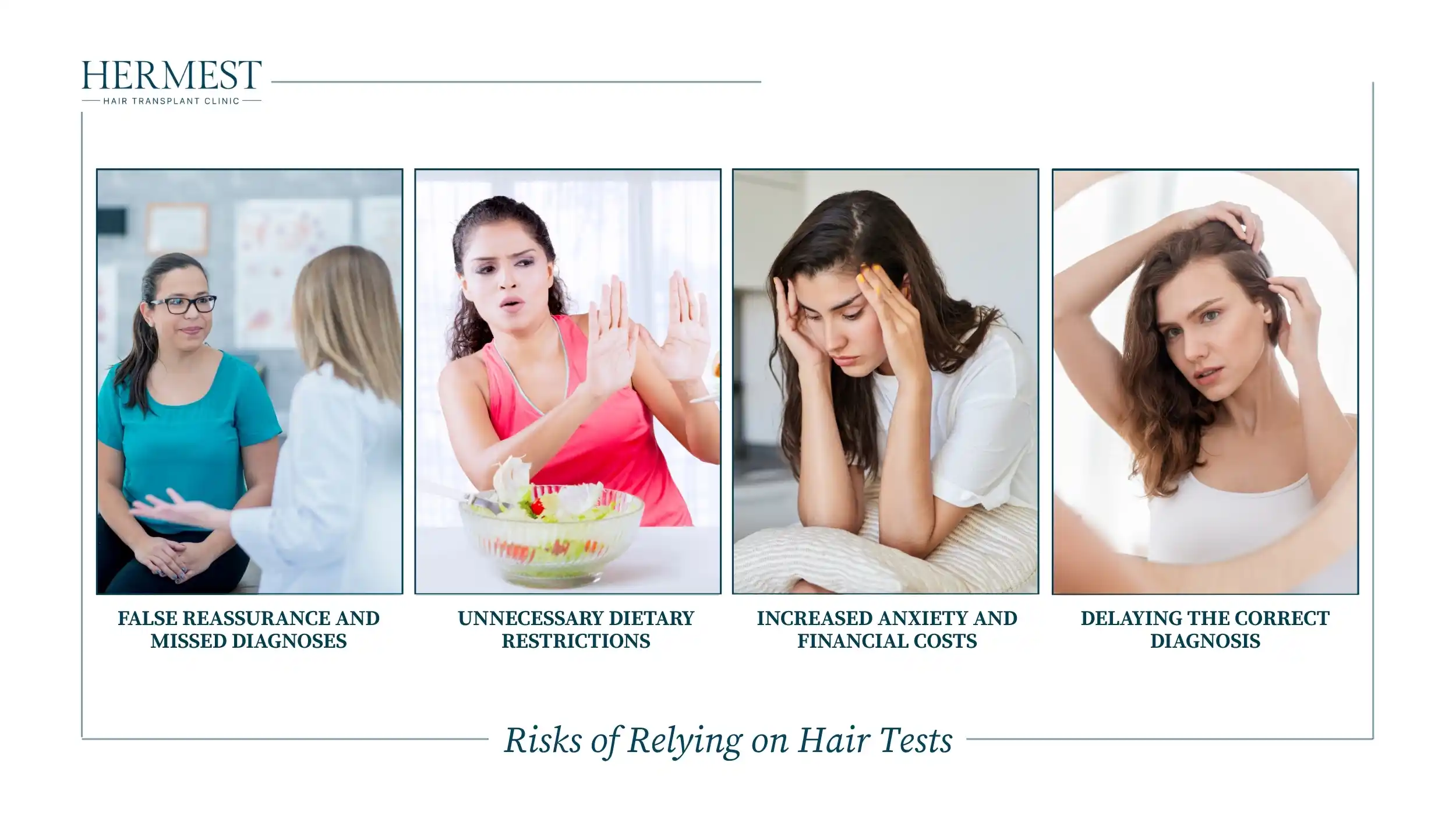 A woman consulting a doctor, another refusing a salad, one holding her head in distress and one checking her scalp