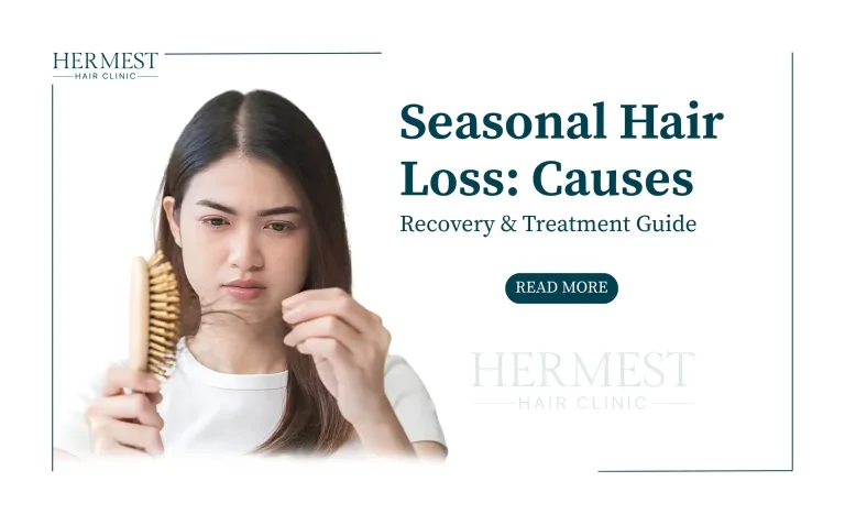 Man touching his hair between summer and winter scenes, illustrating seasonal hair loss