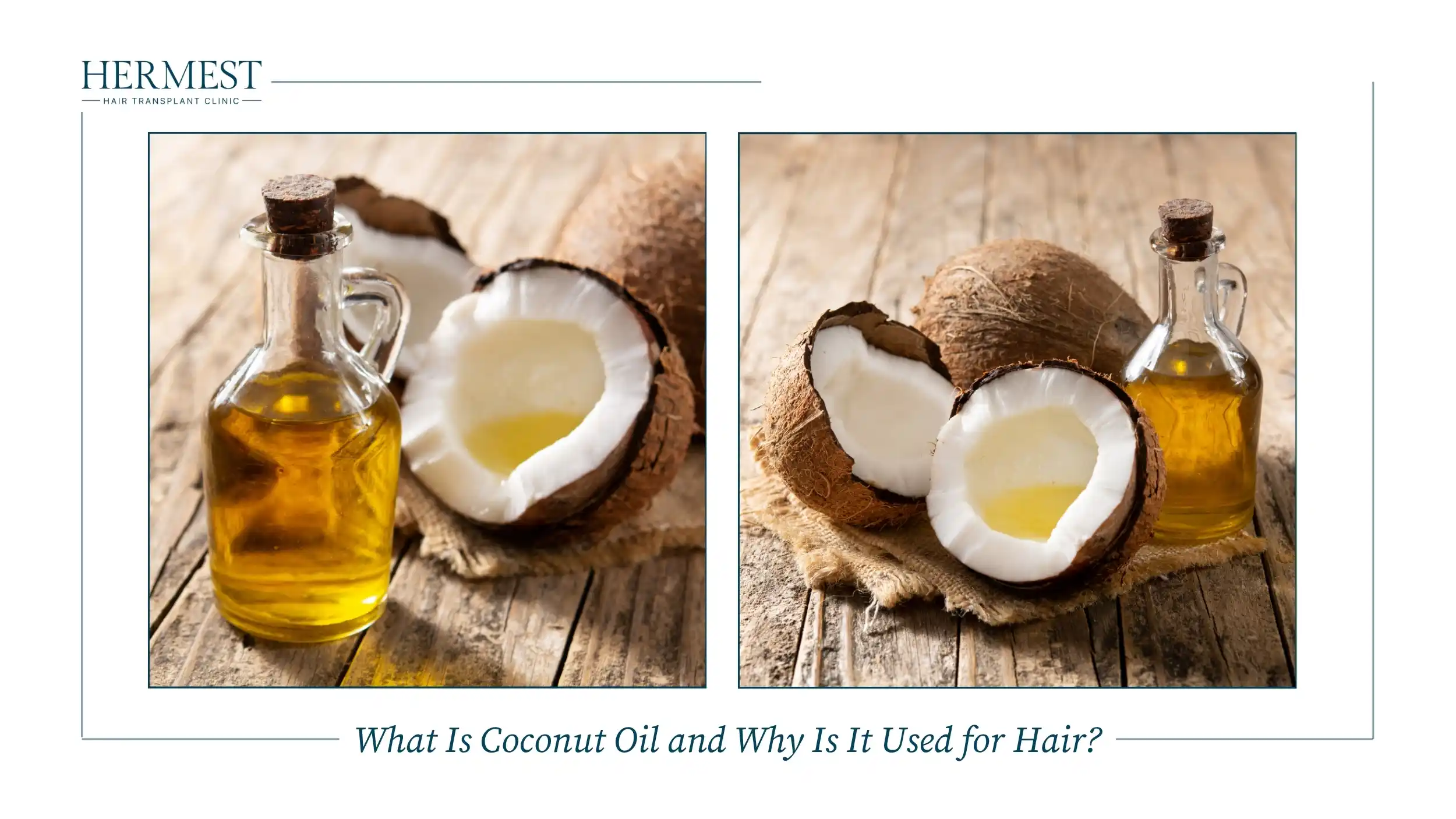 Coconut oil in glass bottles beside halved coconuts, the natural oil often used for hair care