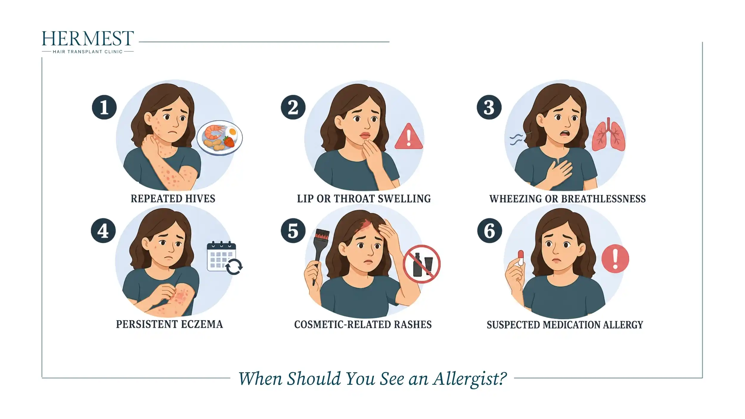 An illustration of allergy warning signs such as hives, throat swelling, wheezing, eczema, a cosmetic rash and a medication reaction
