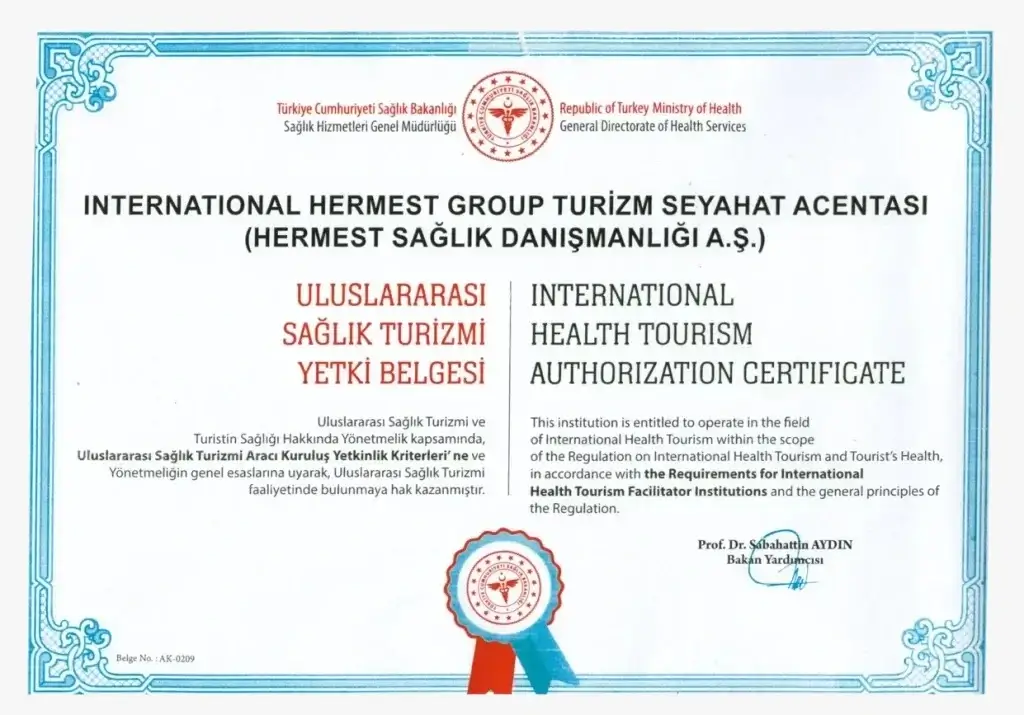 Republic of Türkiye Ministry of Health international health tourism authorization certificate AK-0209 issued to Hermest