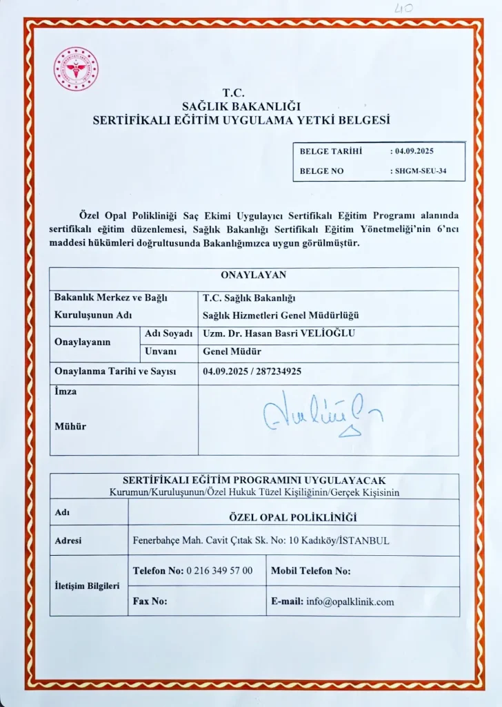 Republic of Türkiye Ministry of Health certified training authorization certificate SHGM-SEU-34 for the hair transplant practitioner program