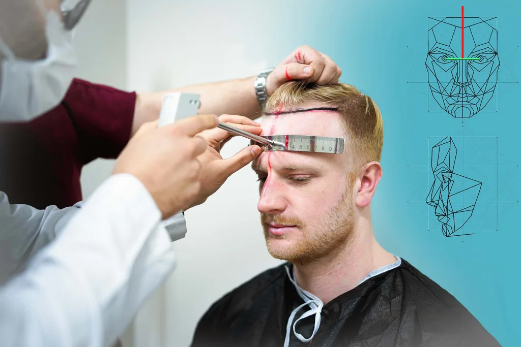 Médecin expert dessinant une ligne frontale sur mesure avant une greffe de cheveux en Turquie