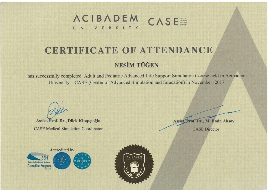 Adult and pediatric advanced life support certificate of Dr. Nesim Tüğen from Acıbadem University CASE, November 2017