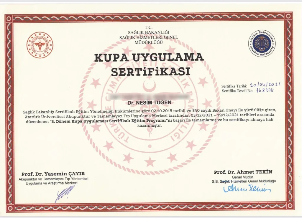 Cupping therapy certificate of Dr. Nesim Tüğen issued by the Turkish Ministry of Health and Atatürk University in 2022