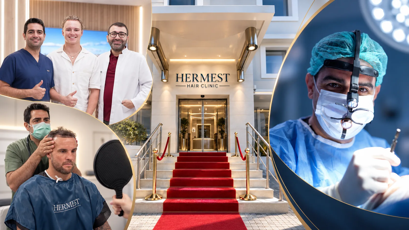 Hermest Hair Clinic entrance with doctors, a hair transplant patient and a surgeon in the operating room