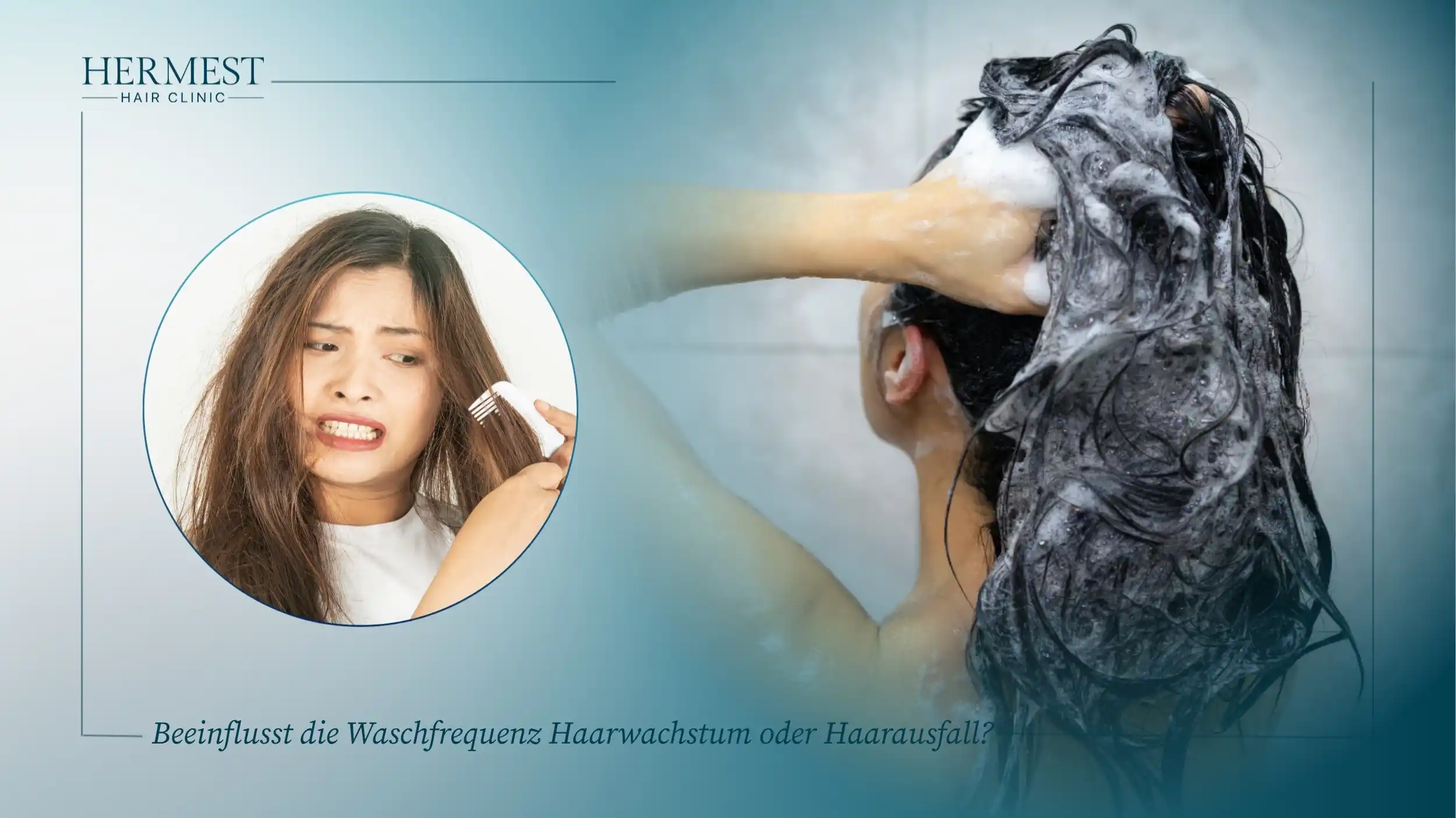 Beeinflusst die Waschfrequenz Haarwachstum oder Haarausfall? Frau beim Shampoonieren und Frau mit verknotetem Haar beim Kämmen