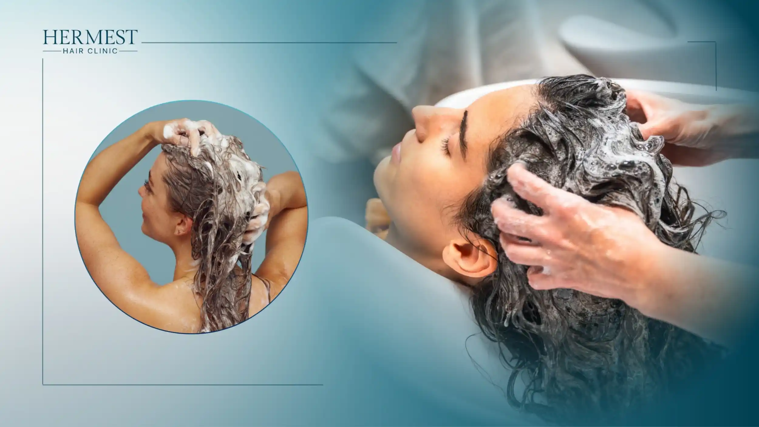 Haare waschen: Frau schäumt ihr Haar mit Shampoo ein, daneben eine Kopfhautmassage mit Shampoo am Waschbecken
