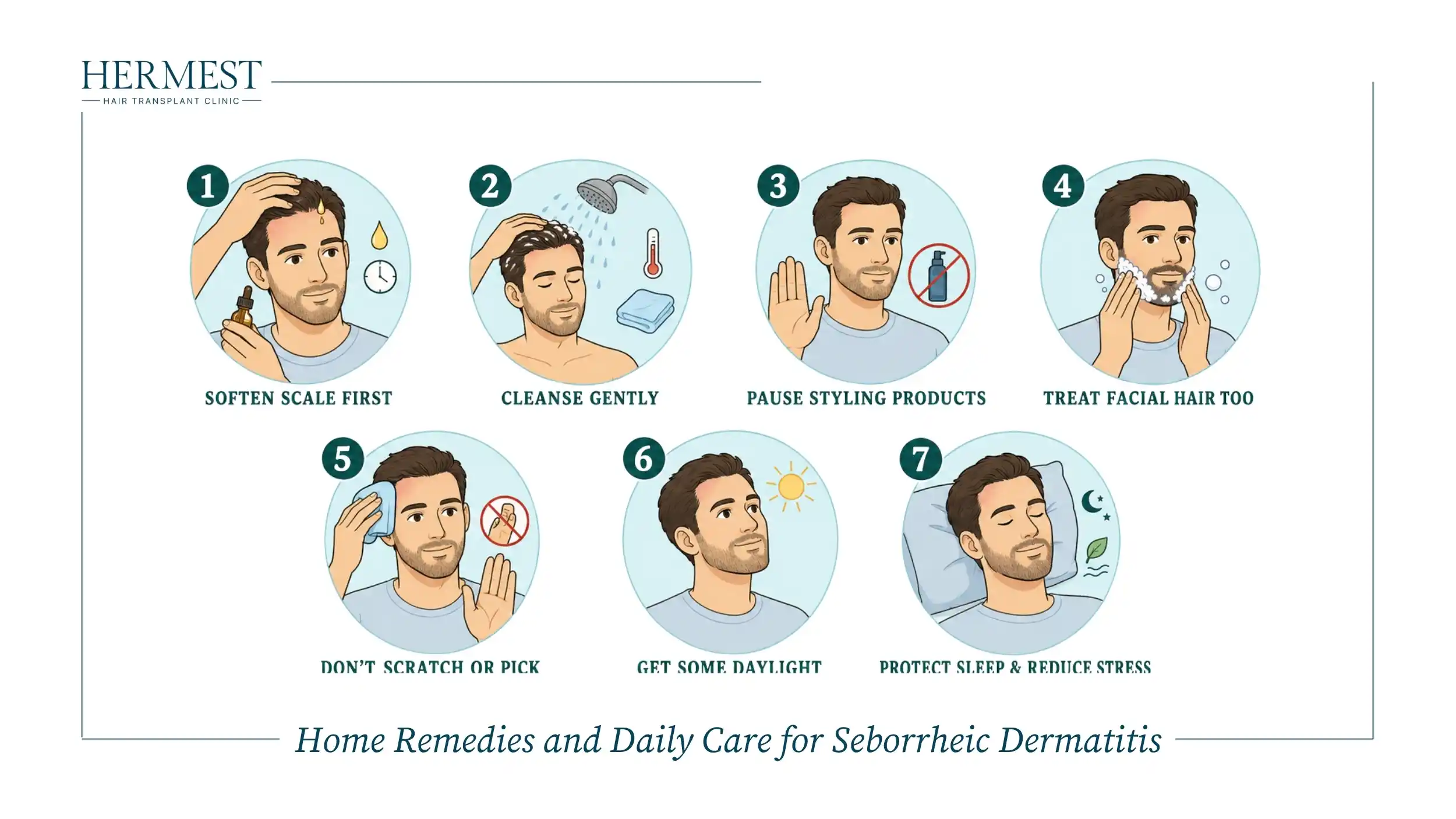 Seven daily care steps for seborrheic dermatitis: soften scale, cleanse gently, pause styling products, treat facial hair, avoid scratching, get daylight, and protect sleep