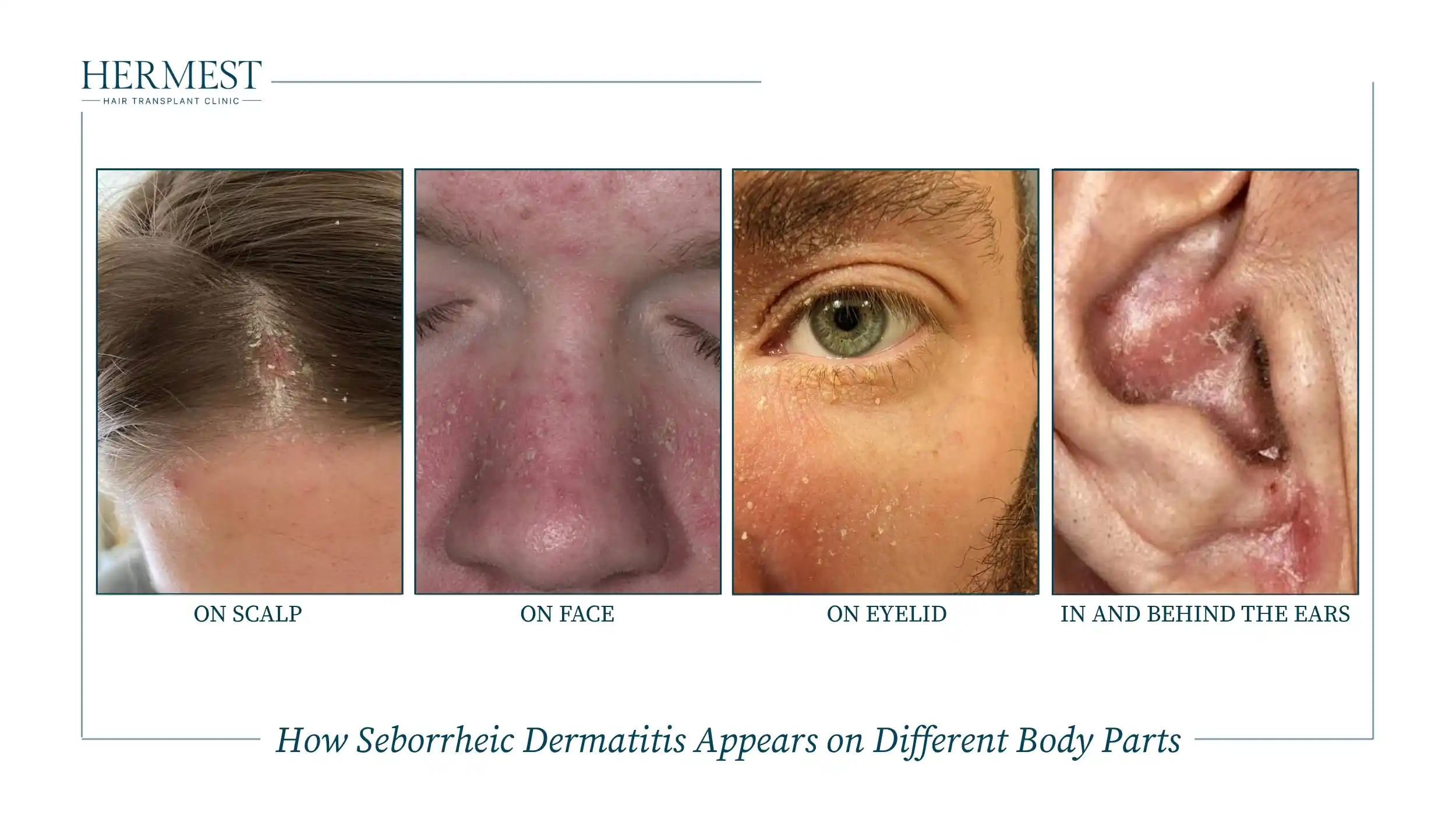 Seborrheic dermatitis on the scalp, on the face beside the nose, on the eyelid and lashes, and in and behind the ear