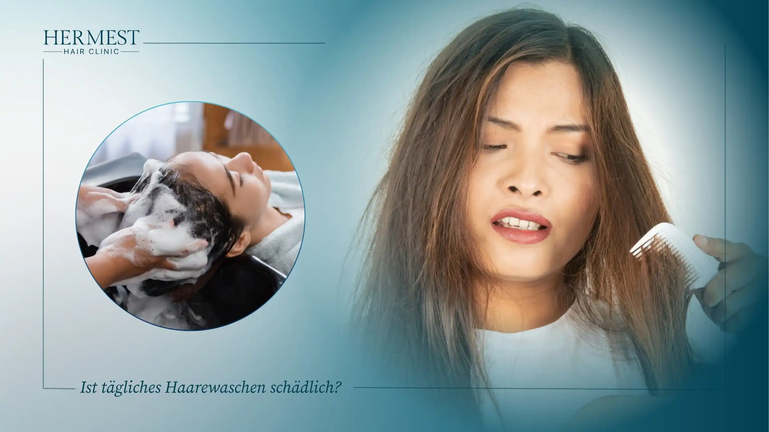 Ist tägliches Haarewaschen schädlich? Haarwäsche am Waschbecken und Frau mit trockenem, strapaziertem Haar beim Kämmen