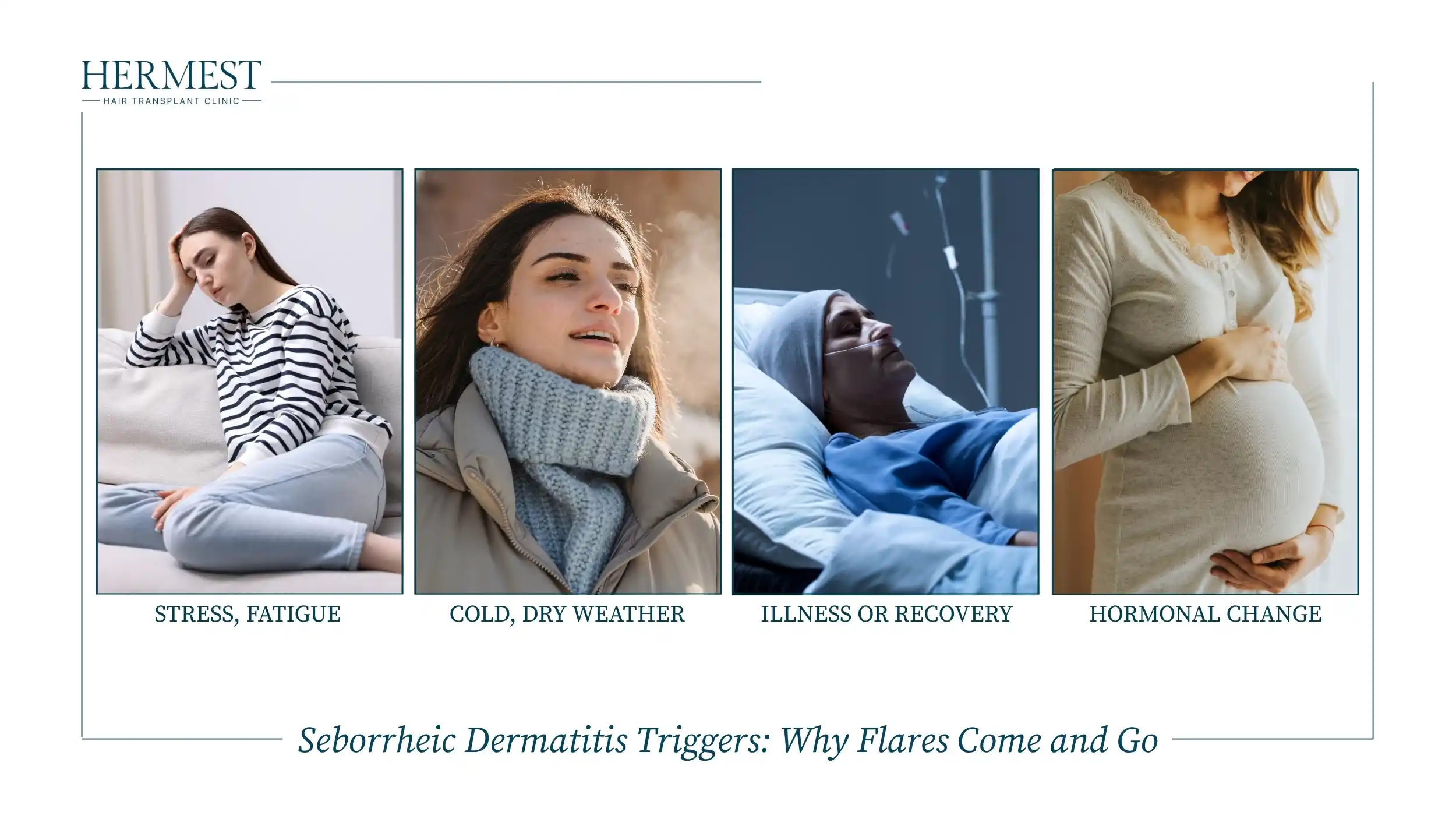 Common seborrheic dermatitis triggers: stress and fatigue, cold dry weather, illness or recovery, and hormonal change in pregnancy