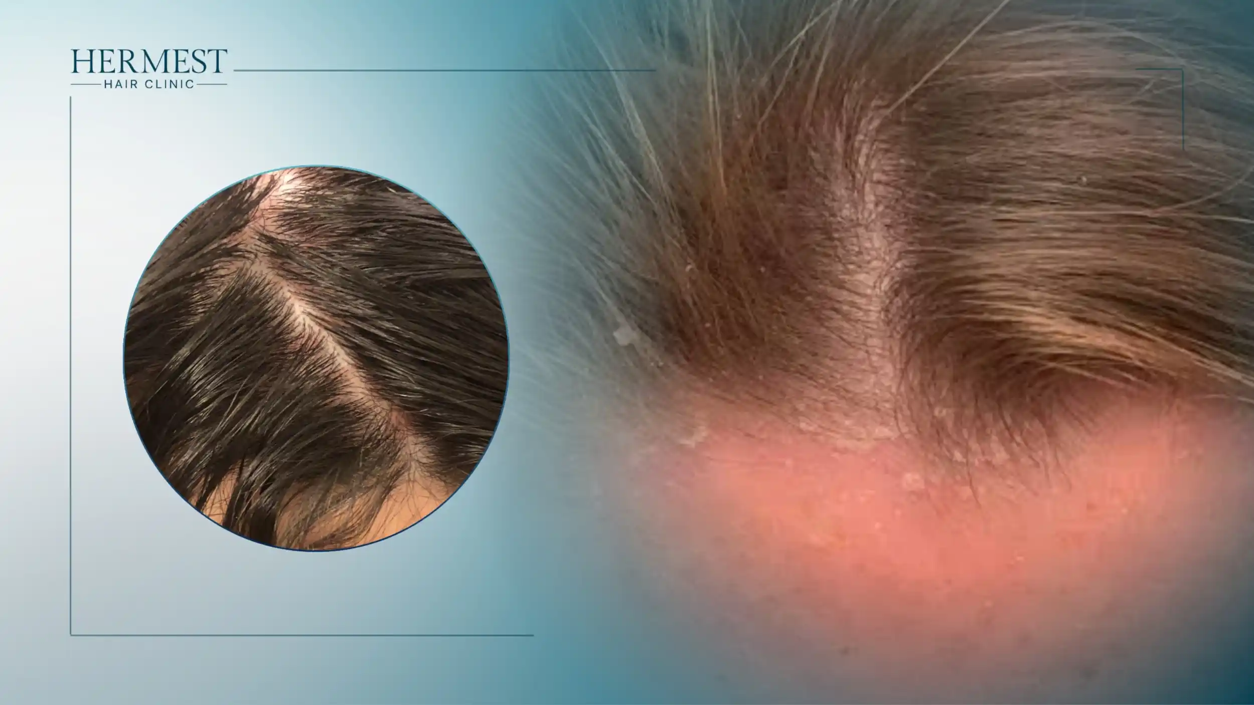 Seborrheic dermatitis on the scalp with greasy flakes along the hair parting and red, inflamed skin at the hairline