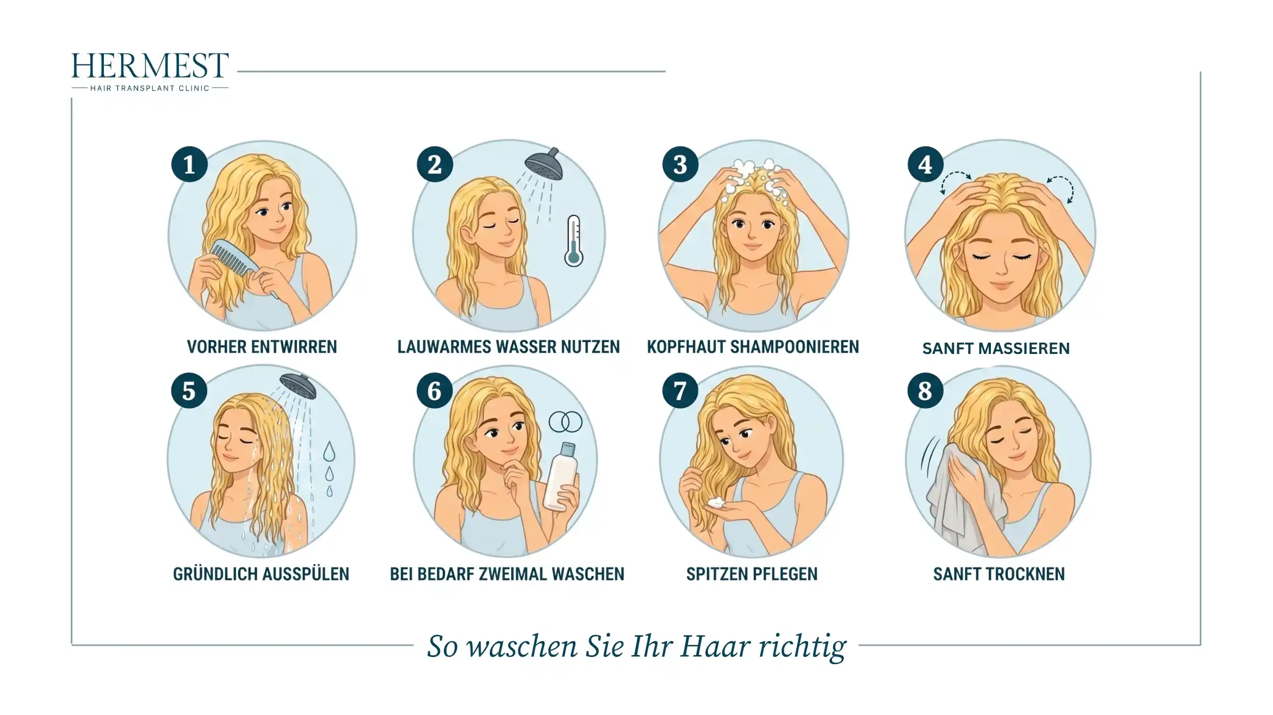 So waschen Sie Ihr Haar richtig: acht Schritte vom Entwirren über lauwarmes Wasser und Shampoo auf der Kopfhaut bis zum sanften Trocknen