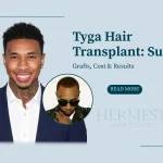 Tyga smiling with a full curly hairline, with an inset photo of Tyga before his hair transplant