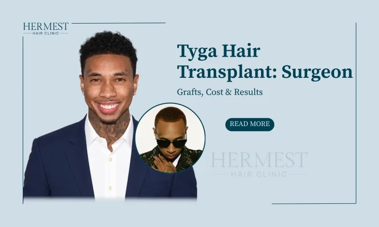 Tyga smiling with a full curly hairline, with an inset photo of Tyga before his hair transplant