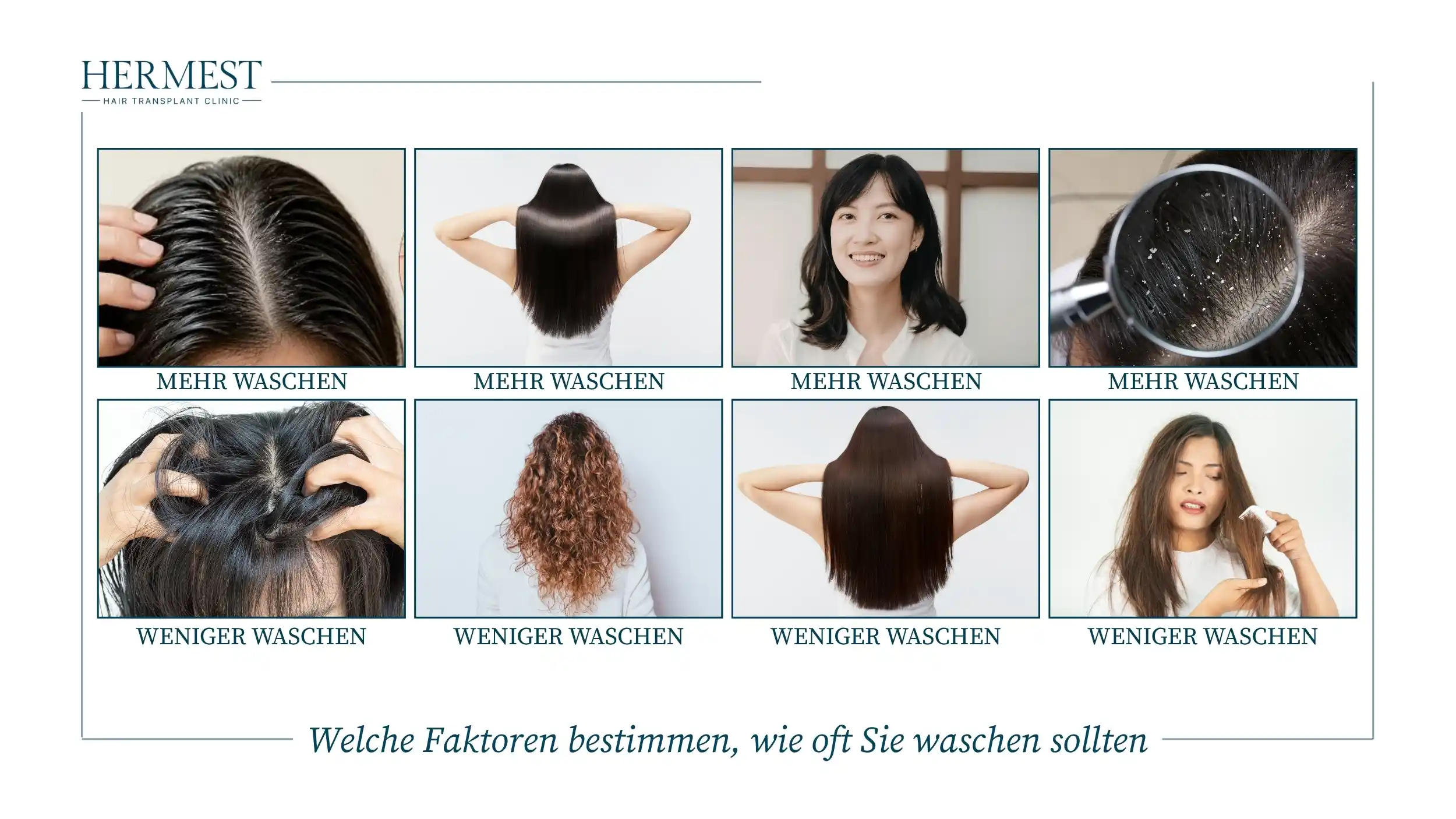 Welche Faktoren bestimmen, wie oft Sie waschen sollten: Haar- und Kopfhauttypen, die mehr oder weniger Wäschen brauchen, etwa fettiger Ansatz, Schuppen, Locken und trockene Längen