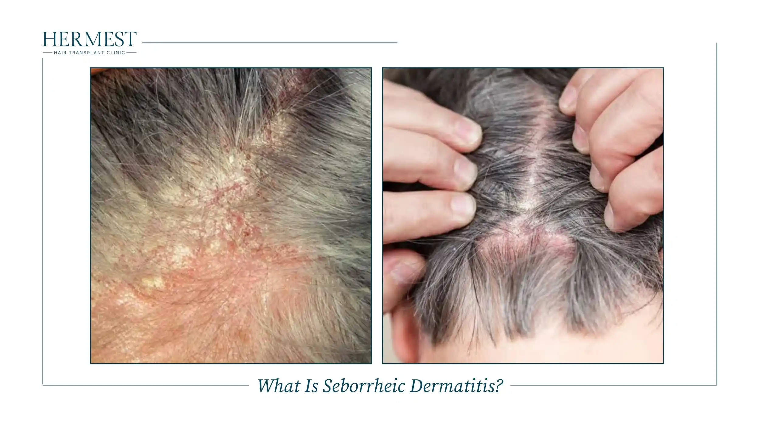 Seborrheic dermatitis on the scalp: yellowish greasy scale over red skin, and a grey-haired scalp parted to show a red, scaly patch