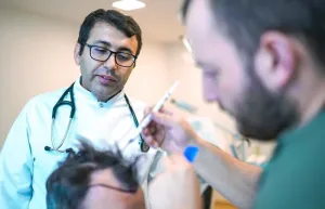 Arzt im weißen Kittel mit Stethoskop untersucht die Haarlinie eines Patienten