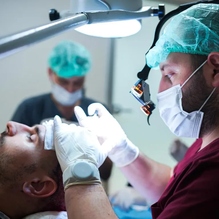Chirurgien avec loupes et lampe frontale touchant le front d'un patient allongé sous la lampe opératoire