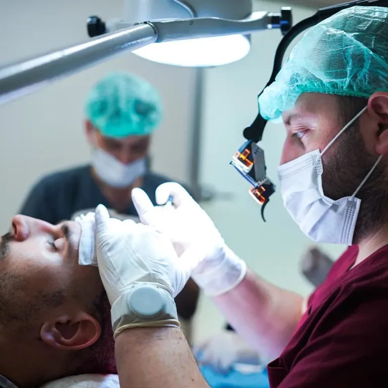 Chirurg mit Lupenbrille und Stirnlampe tastet unter der OP-Lampe die Stirn eines Patienten ab